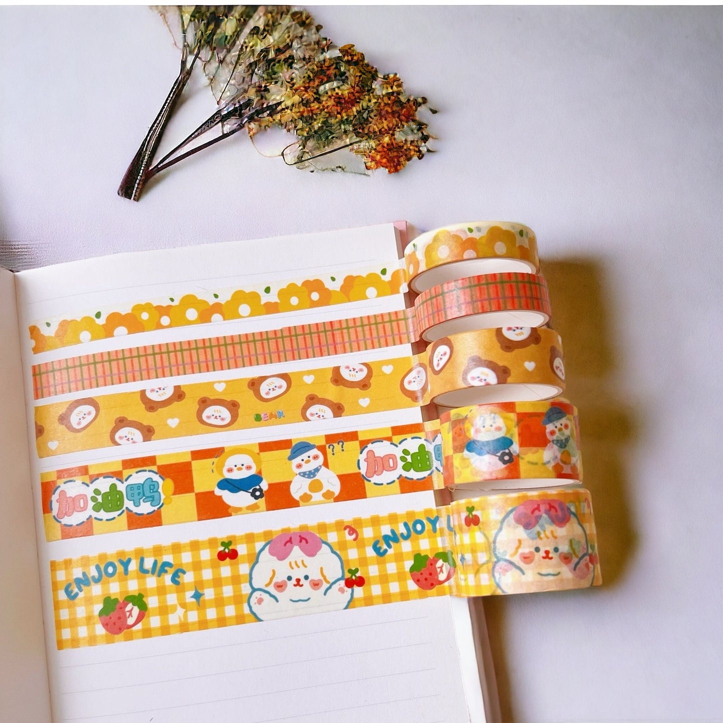 5 Piezas Washi Tape Perrito Kawaii Amarillo